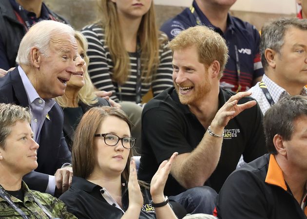 Prince Harry and the Bidens at a U.S.-Netherlands matchup in the Wheelchair Basketball Finals during the Invictus Games 2017 in Toronto. 