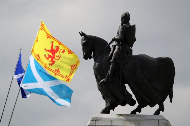 <strong>A Scottish independence demonstration at the Robert the Bruce statue at the Battle of Bannockburn site near Stirling.</strong>