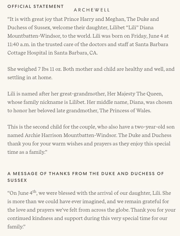 The official statement from Meghan and Harry published on the Archewell website.