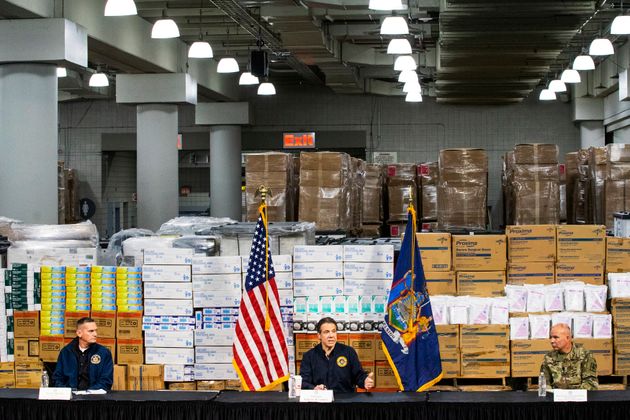 Cuomo speaks to the media at the Javits Convention Center, which was temporarily turned into a hospital to help fight coronavirus cases, on March 24, 2020, in New York City.