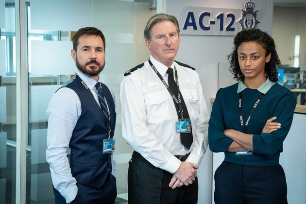 Martin with co-stars Adrian Dunbar and Shalom Brune-Franklin