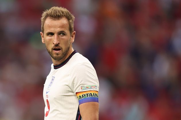 Harry Kane of England wearing a rainbow captains armband