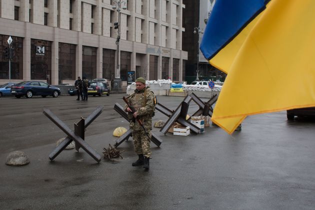 <strong>Ukrainian serviceman as seen on the checkpoint in the Independence Square in Kyiv, Ukraine.</strong>