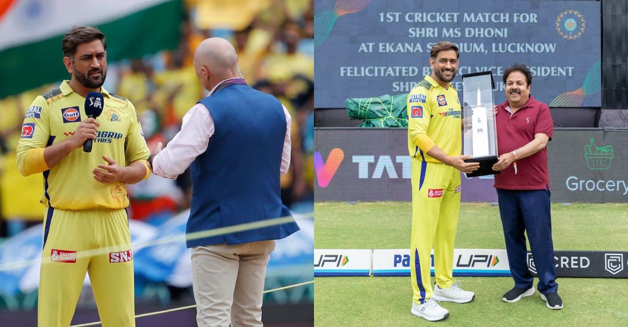 MS Dhoni and Rajiv Shukla at Lucknow's Ekana stadium