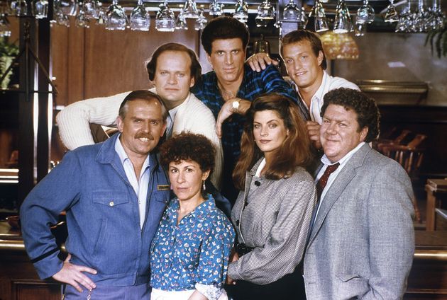 Pictured: (top) Kelsey Grammer as Dr. Frasier Crane, Ted Danson as Sam Malone, Woody Harrelson as Woody Boyd, (bottom) John Ratzenberger as Cliff Clavin, Rhea Perlman as Carla Lozupone Tortelli LeBec, Kirstie Alley as Rebecca Howe, George Wendt as Norm Peterson in Cheers