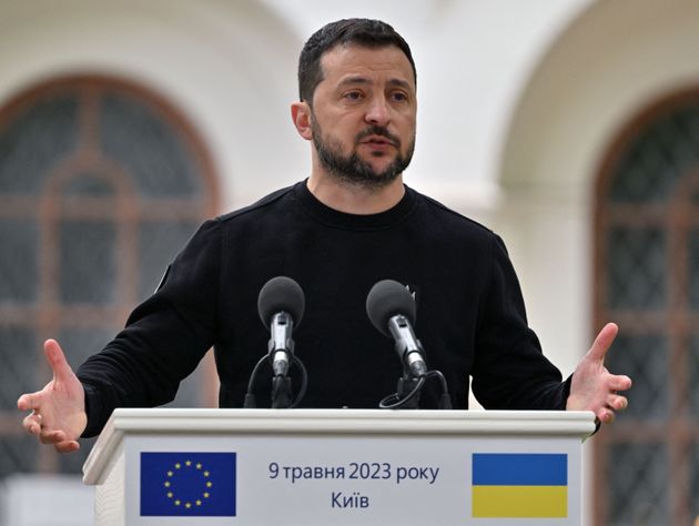 Ukrainian President Volodymyr Zelenskyy speaks during a press conference with President of the European Commission in Kyiv on May 9, 2023.
