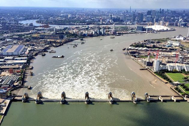 An aerial view of the Thames Barrier with closed gates