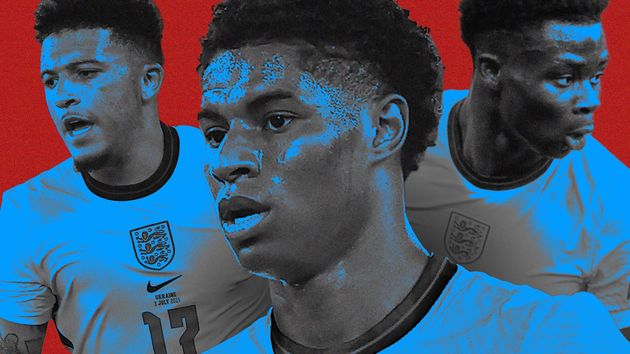 England players Jadon Sancho, Marcus Rashford and Bukayo Saka