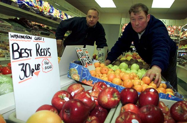 <strong>Steve Thoburn (right) with friend Neil Herron at his fruit and veg shop in Sunderland. The 