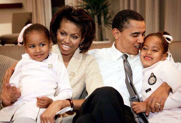 The Obamas in a Chicago hotel room as they wait for the U.S. Senate election returns on Nov. 2, 2004.