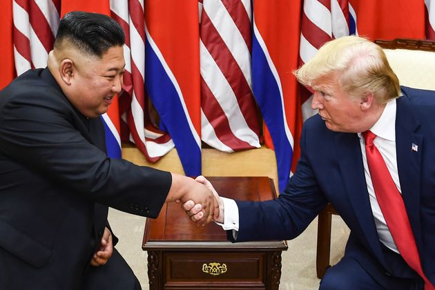 Kim Jong Un and US President Donald Trump shake hands in 2019 before discussing denuclearisation