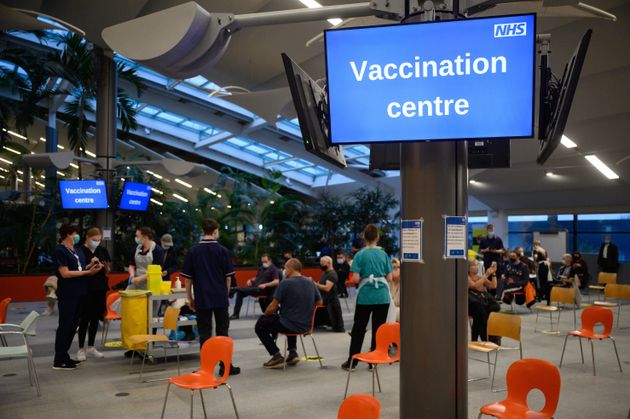 <strong>A general view of the interior of a converted call centre, which is being used as an NHS Covid-19 vaccination centre in Ramsgate, Kent.</strong>