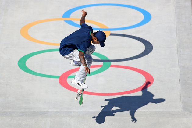 Gustavo Felipe of Team Brazil competes at the Skateboarding Men's Street Prelims Heat 1.