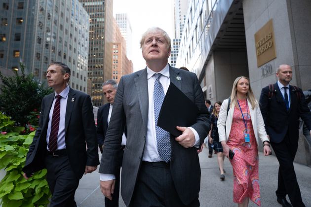 <strong>Boris Johnson walks to a television interview in New York whilst attending the United Nations General Assembly.</strong>