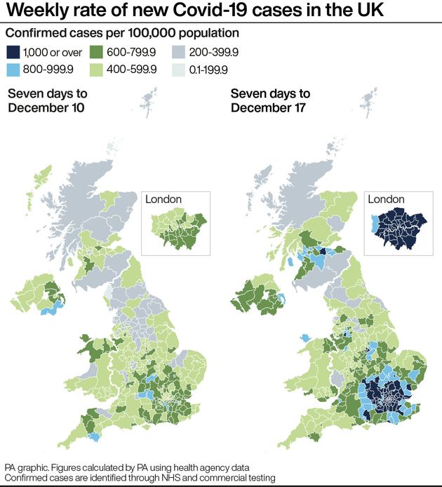 Weekly rate of new Covid-19 cases in the UK show how London infections have shot up in recent weeks