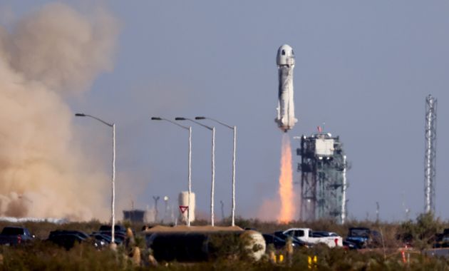 Blue Origin’s New Shepard lifts-off from the launch pad carrying 90-year-old Star Trek actor William Shatner and three other civilians.