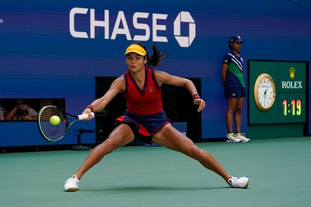 <strong>Emma Raducanu returns a shot to Belinda Bencic.</strong>