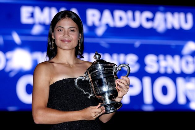 Emma Raducanu with the championship trophy after defeating Canadian Leylah Fernandez during their Women's Singles final match at the weekend