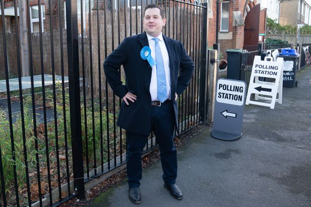 <strong>The Conservative party's Louie French arrives at Christchurch Church Hall in Sidcup, Kent, to cast his vote in the by-election.</strong>