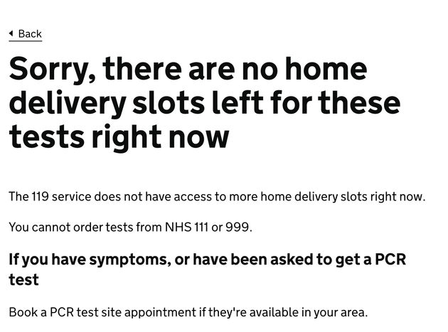 There are no home delivery slots available for lateral flow tests