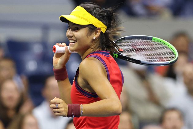 <strong>Emma Raducanu of Great Britain celebrates going up 5-0 in the first set against Maria Sakkari.</strong>