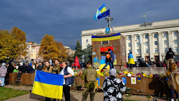 People gather in the Svobody Square – Freedom Square – to celebrate the liberation following Russia's withdrawal from Kherson.