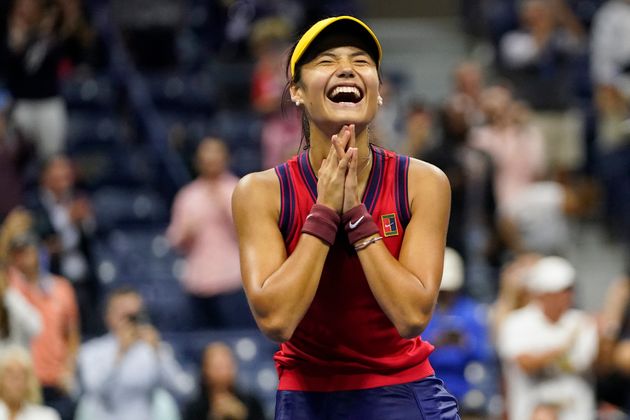 <strong>Emma Raducanu, of Great Britain, reacts after defeating Maria Sakkari, of Greece.</strong>