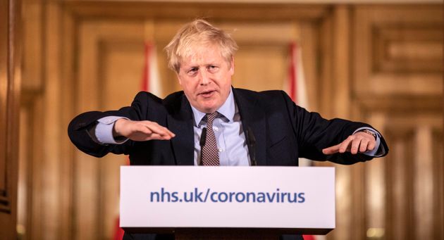 <strong>Boris Johnson gives a press conference in March 2020.</strong>