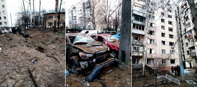 A Russian missile attack on Jan. 2, 2023, caused severe damage to cars and apartment buildings in Vyshneve, Ukraine.