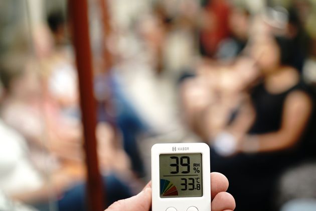 A thermometer displaying a temperature of 39C on a tube on the Bakerloo line of the London underground, Monday July 18, 2022.