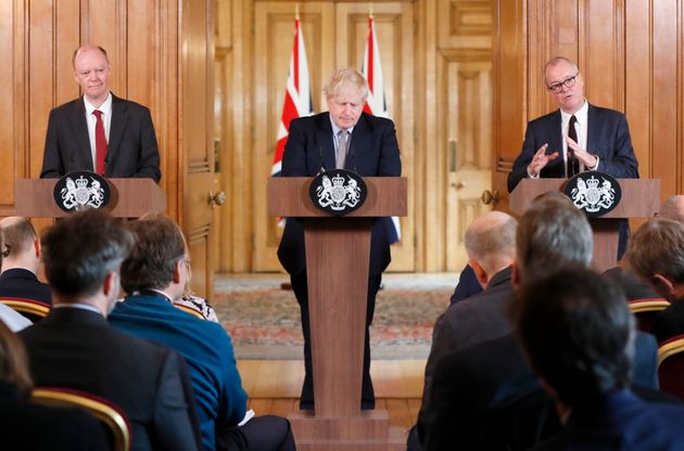 <strong>Prime minister Boris Johnson flanked by the UK's chief medical adviser Chris Whitty (left) and the chief scientific adviser Patrick Vallance on March 3, 2020.</strong>