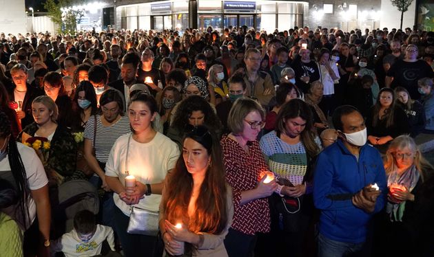 <strong>Members of the public attend a vigil in memory of Sabina Nessa, and in solidarity against violence against women, at Pegler Square in Kidbrooke, south London.</strong>