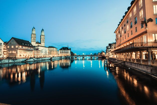 The Limmat river And Zurich city centre at night