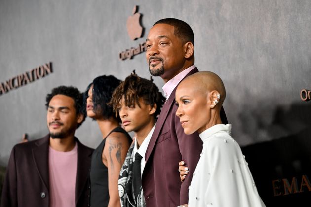 Trey Smith, Willow Smith, Jaden Smith, Will Smith and Jada Pinkett Smith at the premiere of Apple Original Films' Emancipation in 2022.