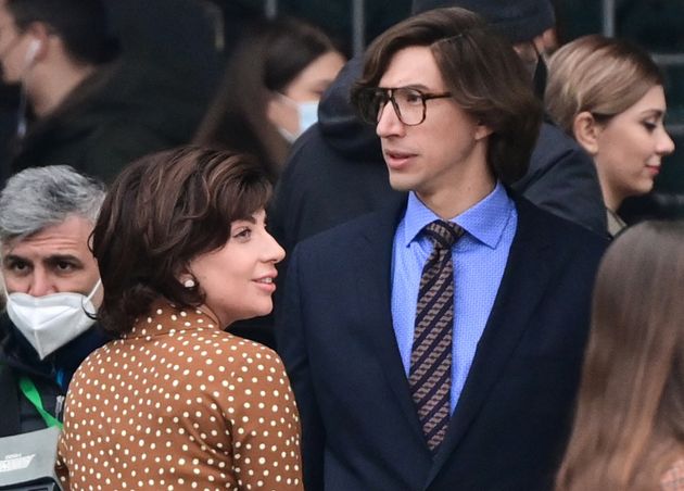 Lady Gaga and Adam Driver are pictured on March 11, 2021, on Piazza Duomo in central Milan on the set of House of Gucci