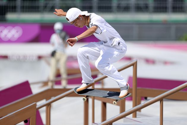 Sora Shirai of Team Japan competes at the Skateboarding Men's Street Prelims.