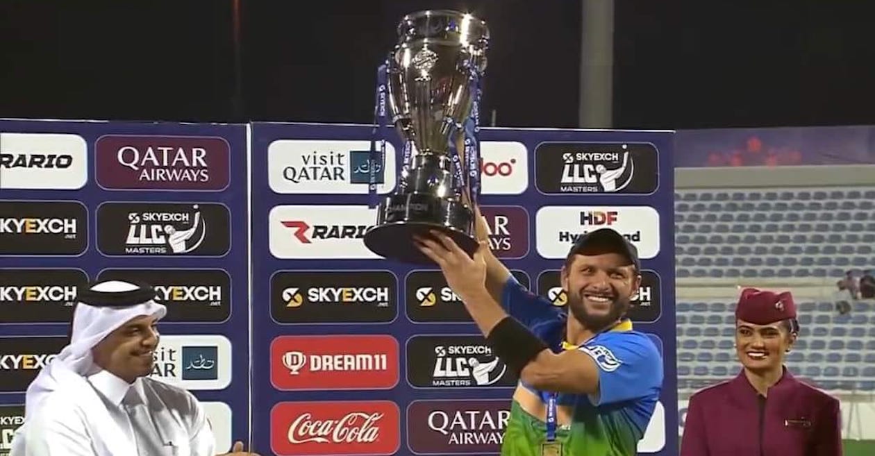 Shahid Afridi with the Legends League Cricket Masters trophy