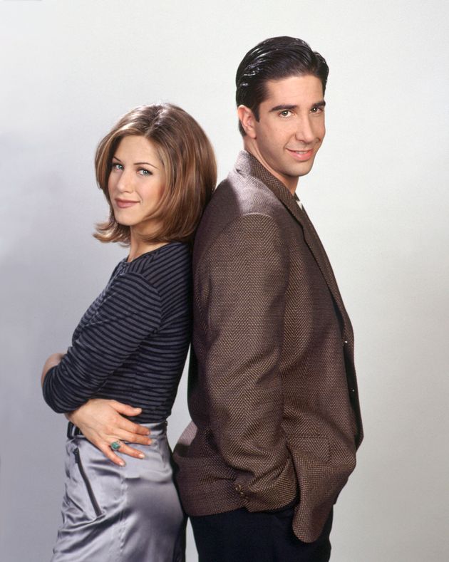 Jennifer Aniston as Rachel Green, David Schwimmer as Ross Geller in Friends.