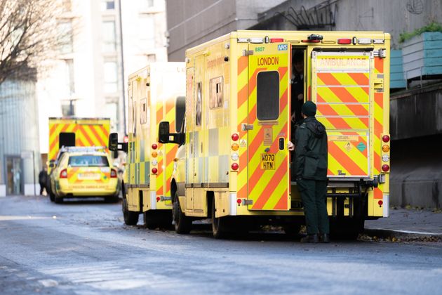 Ambulances outside Waterloo Ambulance Station, London, ahead of members of the Unison, GMB and Unite unions taking industrial action over pay. Paramedics, ambulance technicians and call handlers will walk out in England and Wales on Wednesday in action that will affect non-life threatening calls. Picture date: Tuesday December 20, 2022.