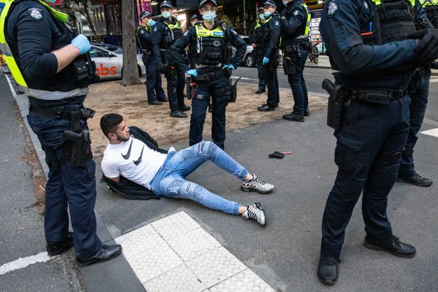 Victoria police arrest a protester during an anti vaccine protest on September 21