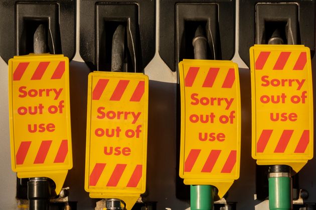 <strong>As the fuel transport crisis continues into its second week, sealed Texaco petrol and diesel pumps are covered in a closed petrol and fuel station in south London.</strong>