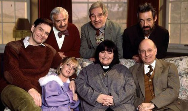 (Front L-R) James Fleet, Emma Chambers, Dawn French, Gary Waldhorn (Back L-R) John Bluthal, Trevor Peacock and Roger Lloyd-Pack