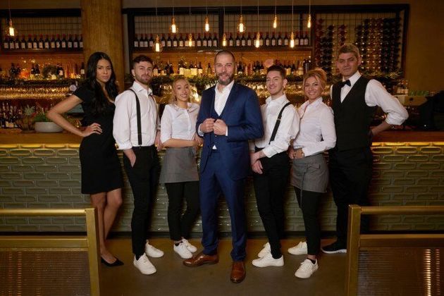 The First Dates Manchester team (L-R): Fiona, Grant, Daniella, Fred, David, CiCi and Merlin