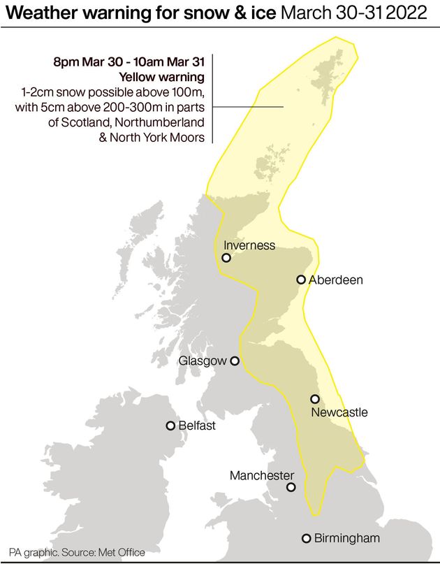 Weather warning for snow and ice March 30-31 2022