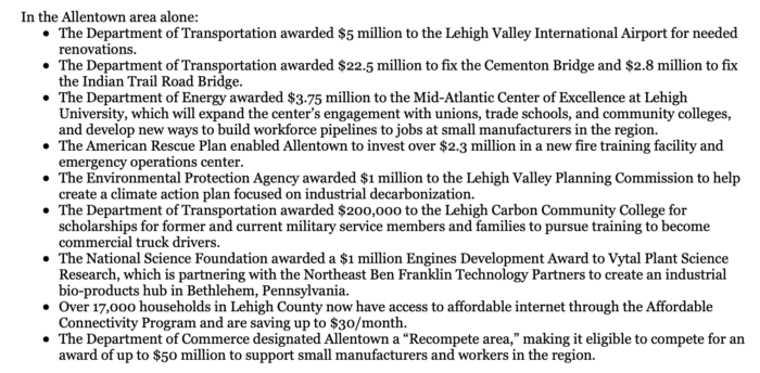 Allentown improvements from White House fact sheet