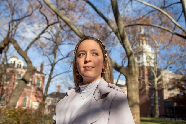 Brennan Leach said she felt a duty to correct the record regarding a photo of her that went viral on the day of the Capitol riot. Here she is pictured on the grounds of Independence Hall in Philadelphia on December 7.