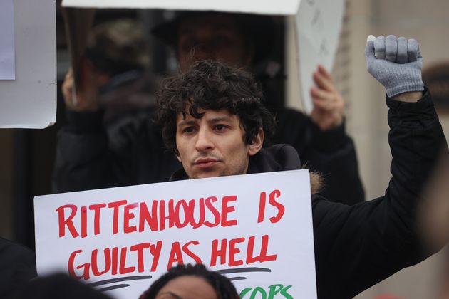  Demonstrators gather outside of the Kenosha County Courthouse as the jury deliberated during the Rittenhouse trial