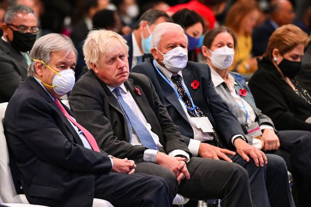 <strong>United Nations secretary general Antonio Guterres, Boris Johnson and David Attenborough listen to a speaker during the opening ceremony of Cop26.</strong>