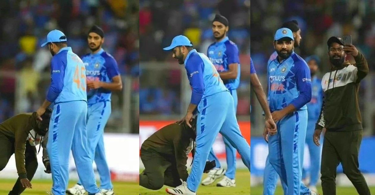 A fan breaches security to meet Rohit Sharma