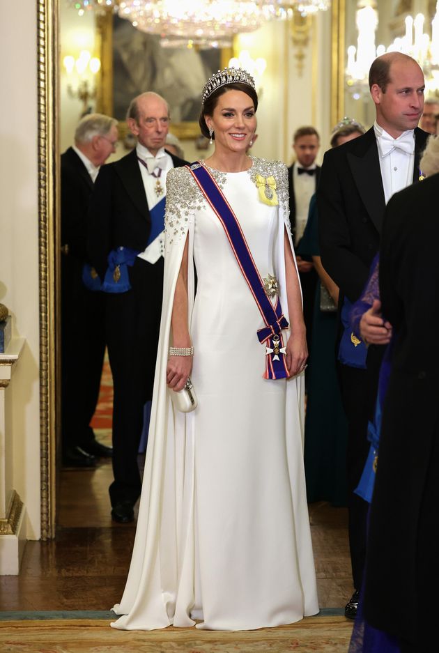 The Prince and Princess of Wales arrive for a state banquet at Buckingham Palace for the president of South Africa on Nov. 22 in London, England.